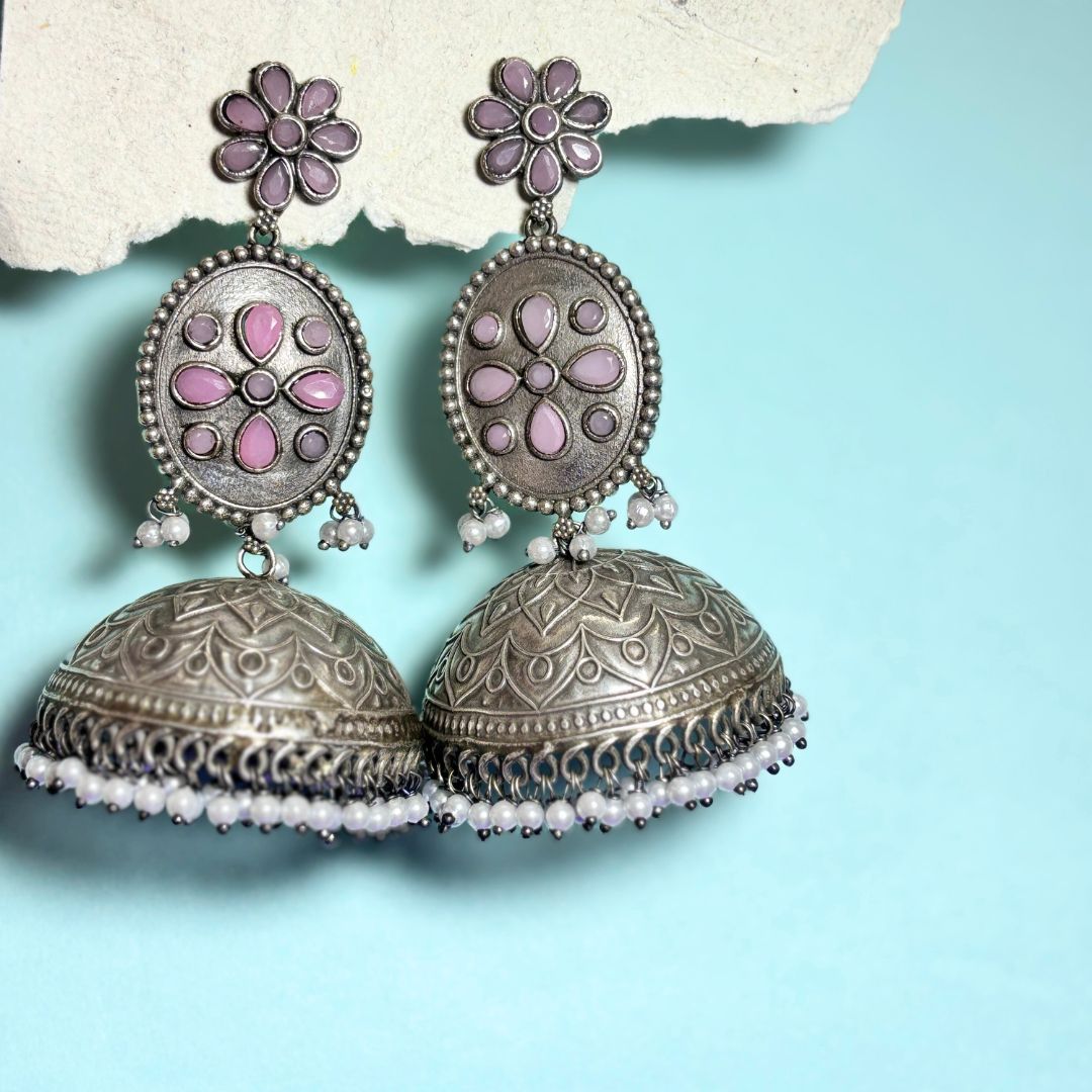 Pink Boho Oxidised Jhumka Earrings - Firstglam Quick