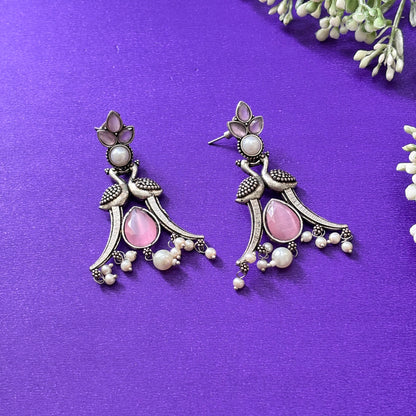 Elegant Peacock Oxidised Pink Drop Earrings - Firstglam Quick