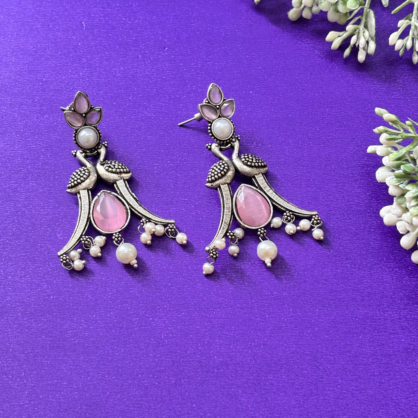 Elegant Peacock Oxidised Pink Drop Earrings - Firstglam Quick