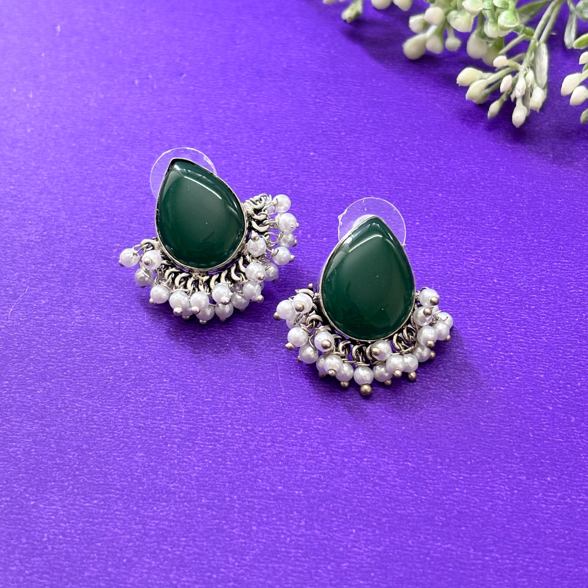 Elegant Drop Shaped Emerald Green Oxidised Stud Earrings - Firstglam Quick