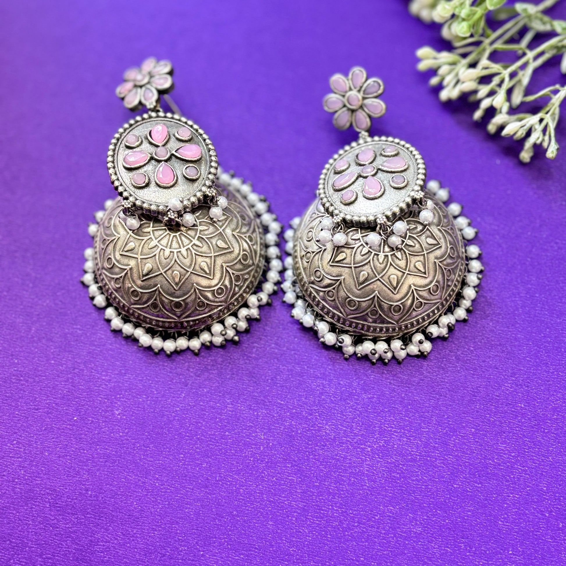 Pink Boho Oxidised Jhumka Earrings - Firstglam Quick