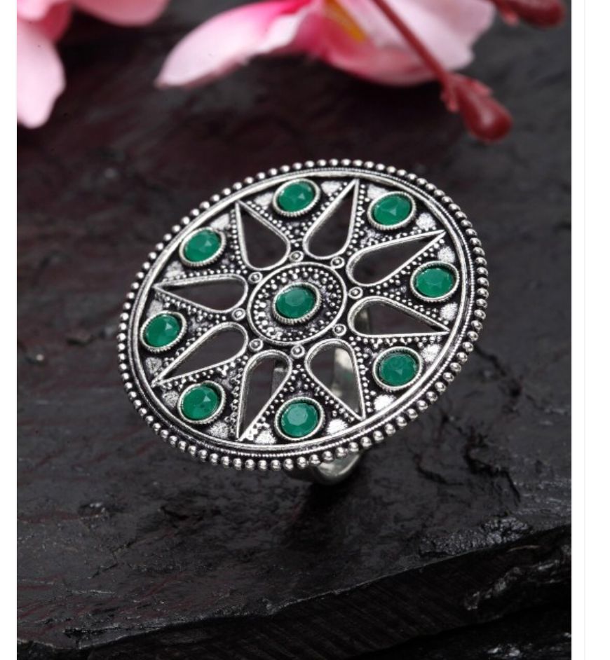 Oxidised Brass-Plated Silver-Toned & Green Stone-Studded Handcrafted Tribal Adjustable Finger Ring - Firstglam Quick