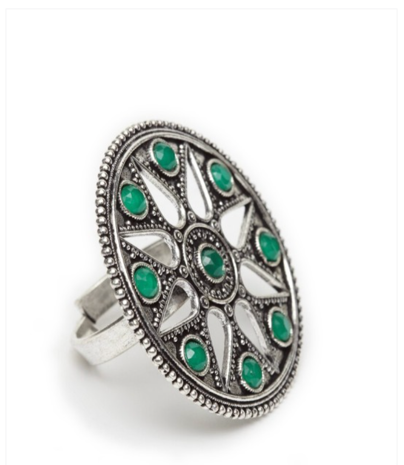 Oxidised Brass-Plated Silver-Toned & Green Stone-Studded Handcrafted Tribal Adjustable Finger Ring - Firstglam Quick