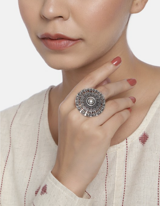 Oxidised Silver-Toned Circular Shaped Finger Ring - Firstglam Quick